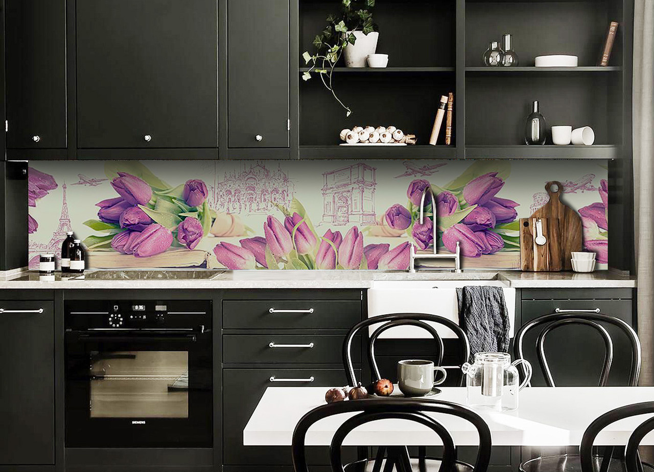 Вініловий кухонний фартух Тюльпани Італія вініл наклейка скіналі ПВХ вінтаж букет Квіти Фіолетовий 600*2000 мм, фото 1