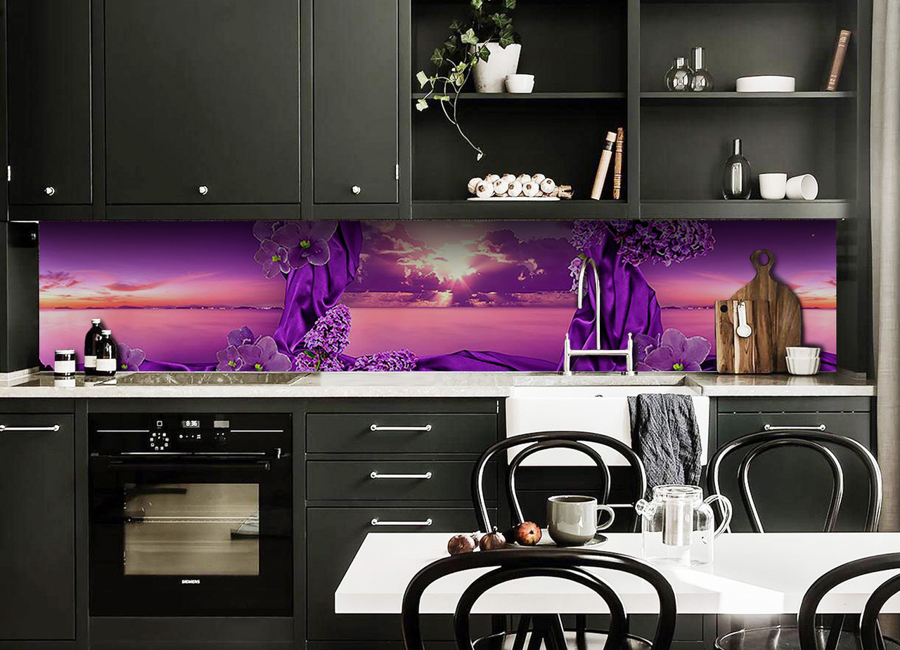 Кухонний фартух Фіолетовий Шовк (вінілова плівка наклейка скіналі ПВХ) квіти бузок море 600*2000 мм, фото 1