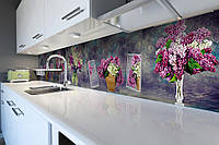 Кухонный фартук Пышная Сирень (виниловая наклейка скинали ПВХ) акварель рисунок цветы Фиолетовый 600*2500 мм