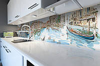 Кухонный фартук Нарисованная Венеция (виниловая наклейка скинали ПВХ) город лодки карандаш Голубой 600*2500 мм
