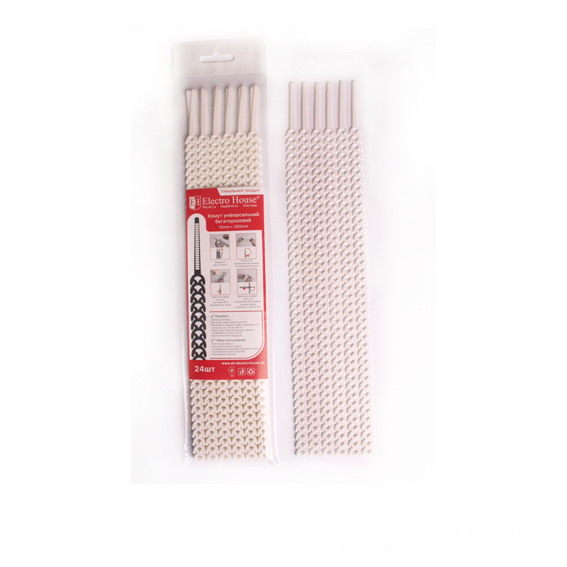 Хомут універсальний багаторазовий 10х300 мм, 24 шт., білий, фото 1