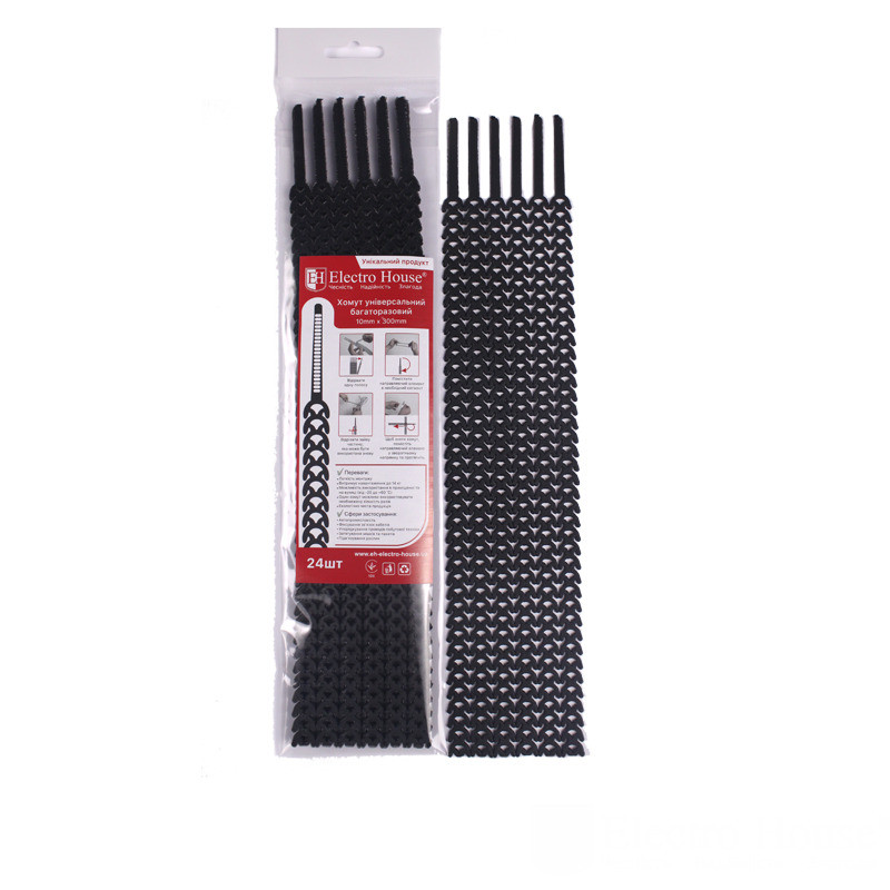 Хомут універсальний багаторазовий 10х300 мм, 24 шт., чорний, фото 1