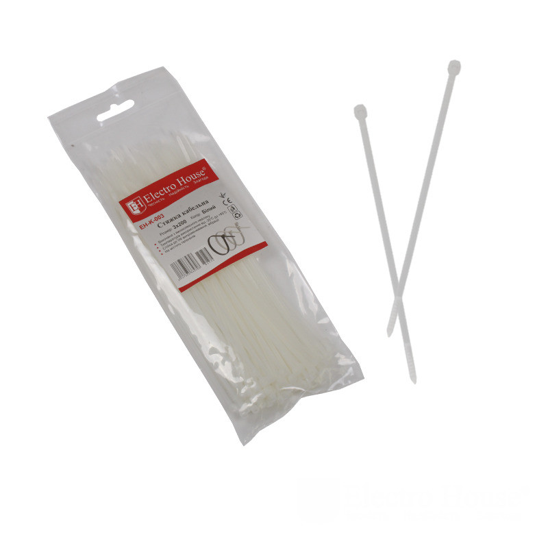 Стяжка кабельна 3х200 мм, 100 шт., білий, фото 1