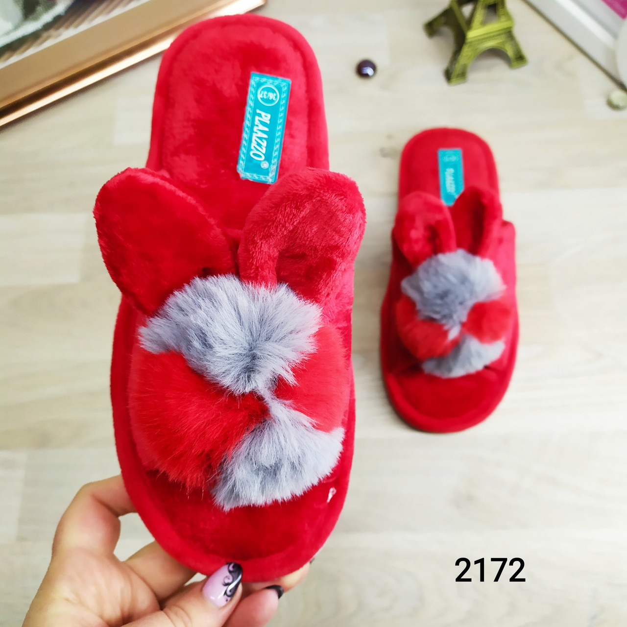 Жіночі кімнатні капці пухнасті з відкритим носком і вушками, фото 1