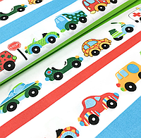Польская хлопковая ткань "Машинки разноцветные на полосках"