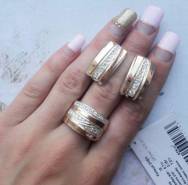 Срібний комплект з розсипом цирконів з позолотою класичний Елен GT, фото 1