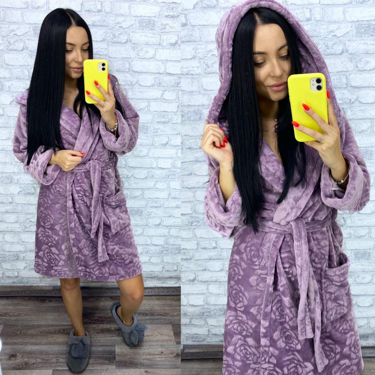 Жіночий теплий халат із капюшоном у квітку, фото 1