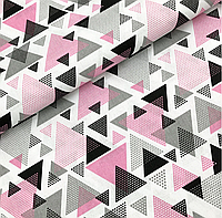 Польская хлопковая ткань "Треугольники розово-черные розсыпь"