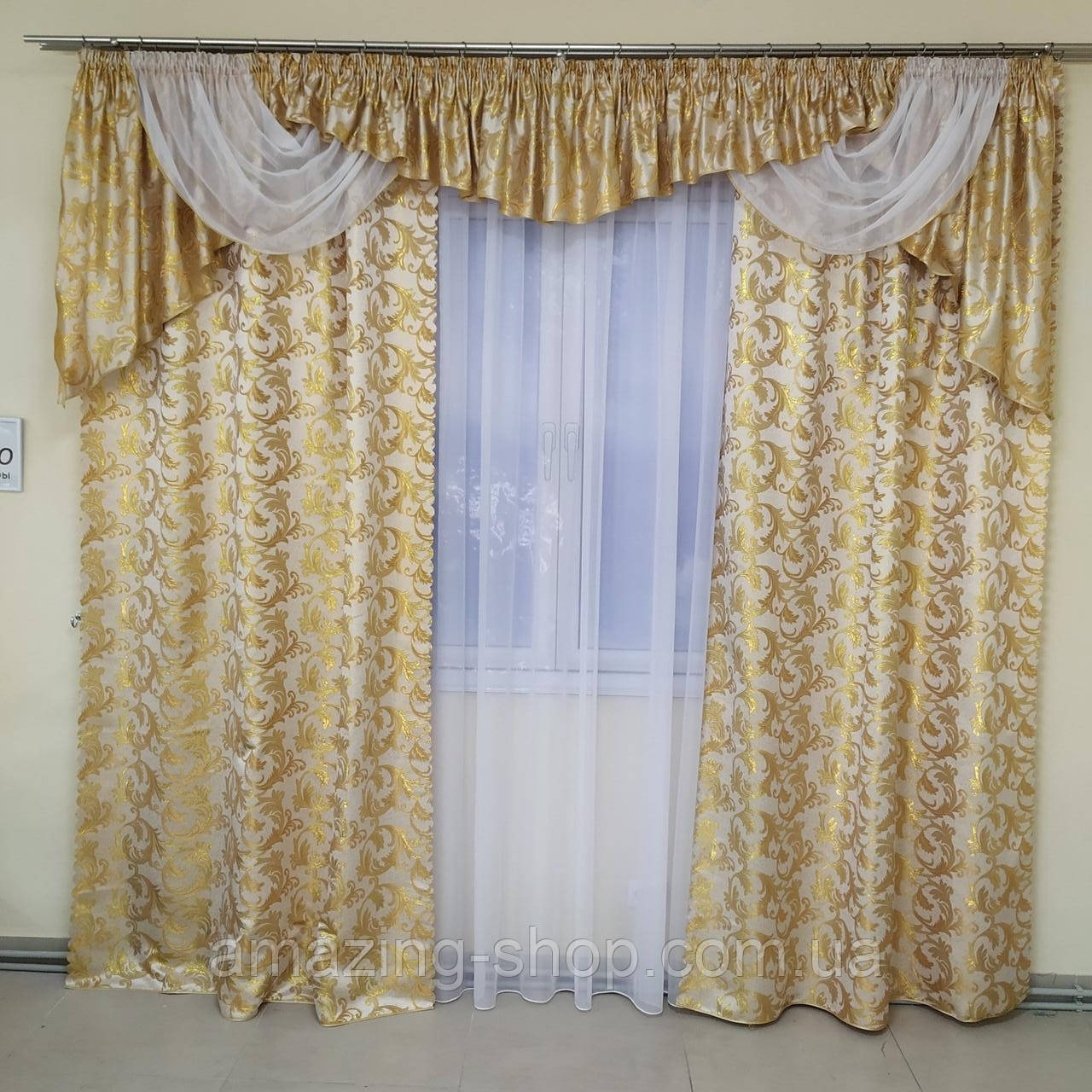 Комплект штор із ламбрекеном Бароко. Колір — Молочно-золотий, фото 1