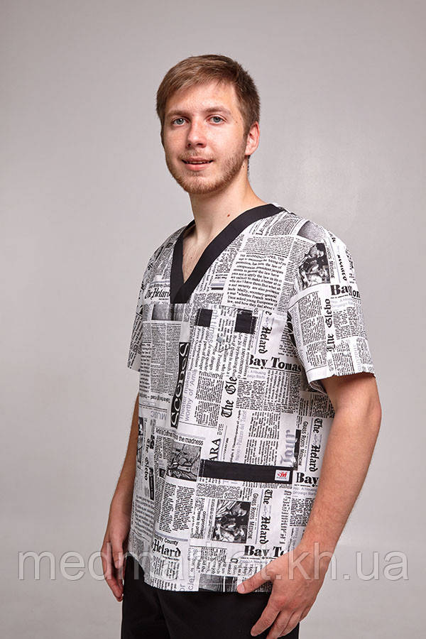 Костюм медичний К-33 принт ELIT COTTON. Газета/чорний, фото 1