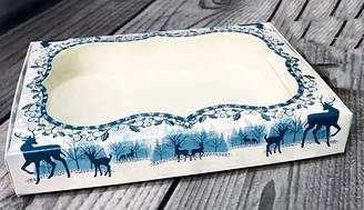 Коробка для печива, пряників з вікном, 15 см х 20 см х 3 см, мілований картон Олені