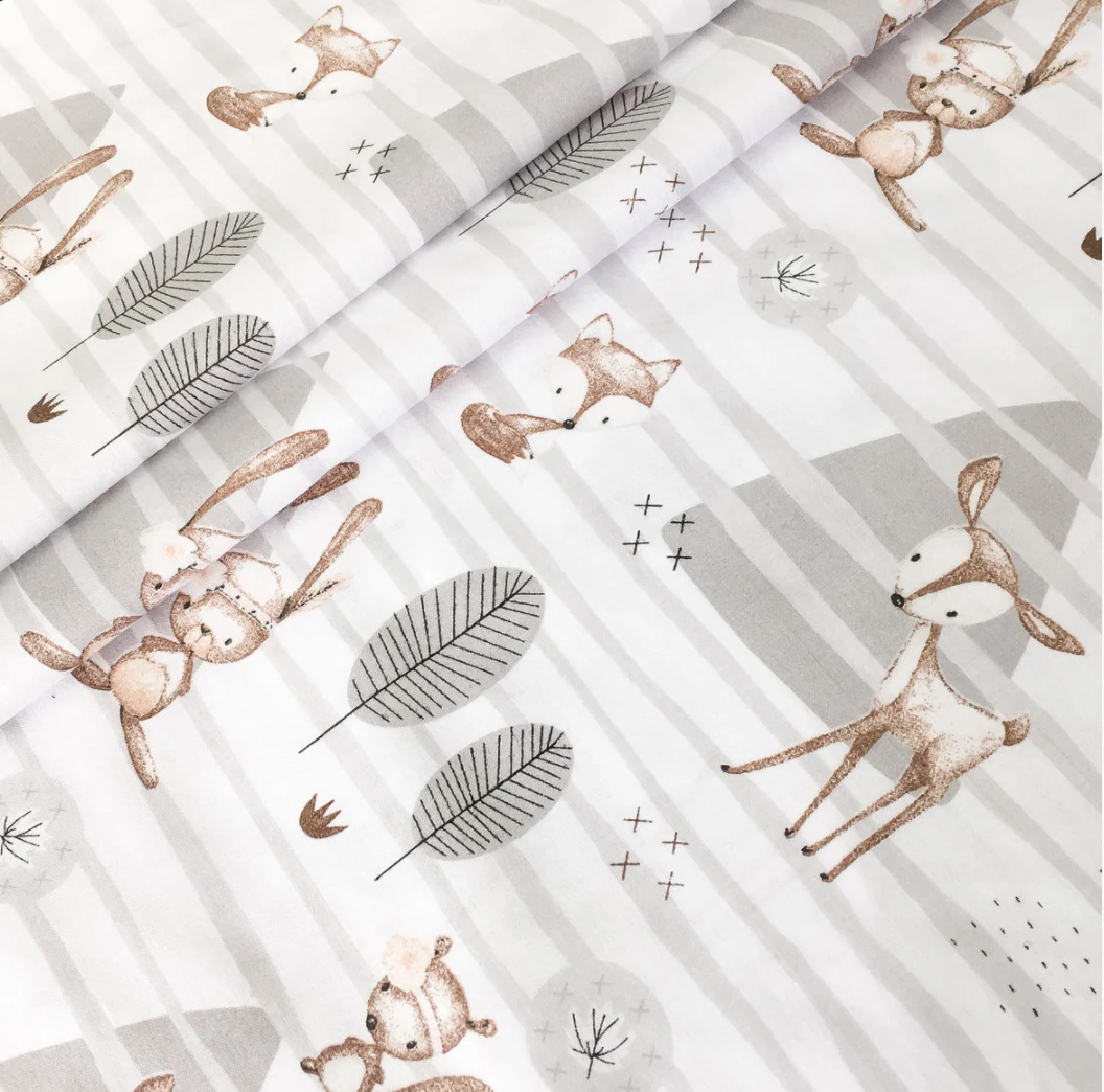 Польська бязь "Лісові звірі коричневі на сірих смужках в лісі", фото 1