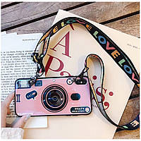 Чехол на iPhone X силиконовый с попсокетом и ремешком в виде Фотокамеры, Розовый