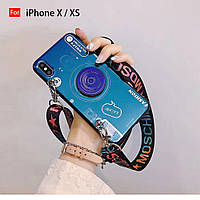 Чехол на iPhone X силиконовый с попсокетом и ремешком в виде Фотокамеры, Синий