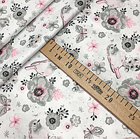 Польська бязь "пташки, метелики і квіточки сіро-рожеві на білому", фото 2