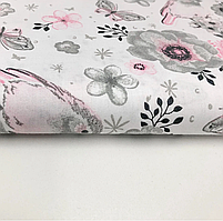 Польська бязь "пташки, метелики і квіточки сіро-рожеві на білому", фото 3