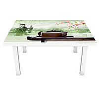 Вінілова наклейка на стіл Чай і Сакура (на меблі інтер'єрна ПВХ плівка 3Д) Східні символи 600*1200мм
