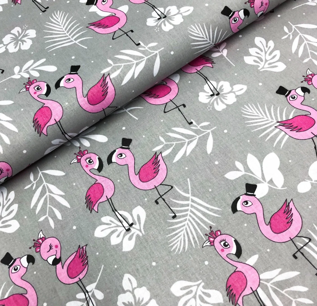 Польська бязь "маленькі фламінго з пальмами на сірому", фото 1
