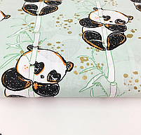 Польська бязь "панди з золотом (глітером) на світло-м'ятному бамбуку", фото 2