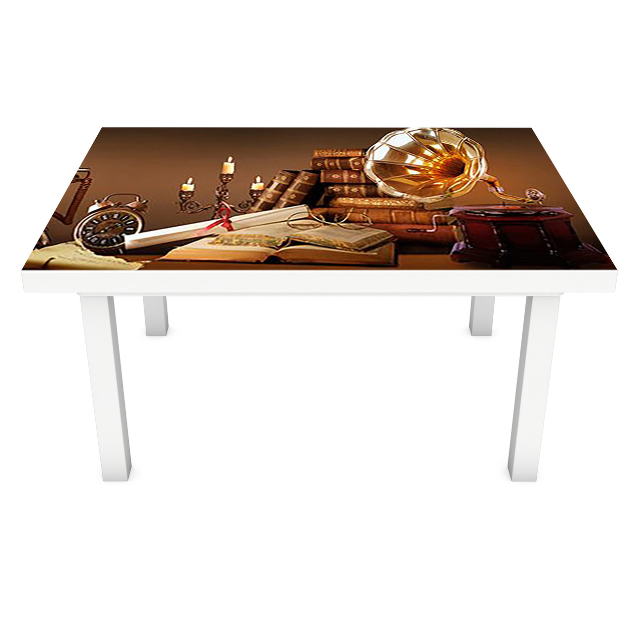 Вінілова наклейка на стіл Ретро Телефон (на меблі інтер'єрна ПВХ плівка) натюрморт коричневий 600*1200мм