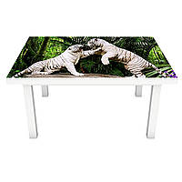 Виниловая наклейка на стол Белые тигры (на мебель интерьерная ПВХ пленка 3Д) животные зеленый 600*1200 мм