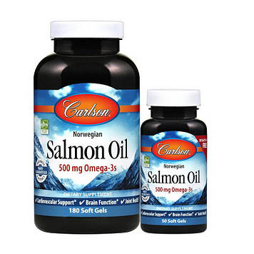 Жирні кислоти Carlson Labs Salmon Oil 500 mg Omega-3s риб'ячий жир лосося 180+50 капсул