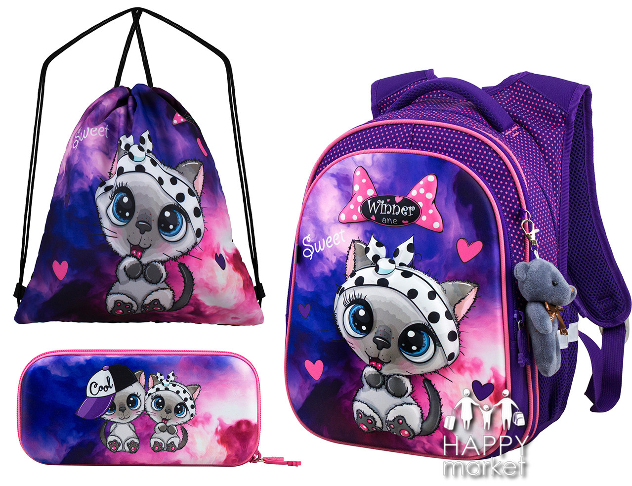 Комплект шкільний для дівчинки рюкзак пенал і сумка Winner One Котик R1-020