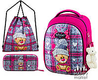 Комплект школьный рюкзак каркасный пенал и сумка для девочки Winner-One Мишка 6013
