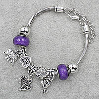Pandora браслет серебристого цвета сердечко с фиолетовыми шармами 9 штук длина браслета 18-23 см