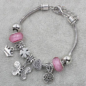 Pandora браслет серебристого цвета сердечко с фиолетовыми шармами 9 штук длина браслета 22 см ширина 3 мм