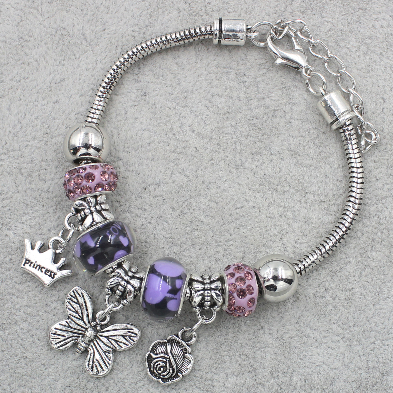 Pandora браслет серебристого цвета бабочка с фиолетовыми шармами 9 штук длина браслета 22 см ширина 3 мм