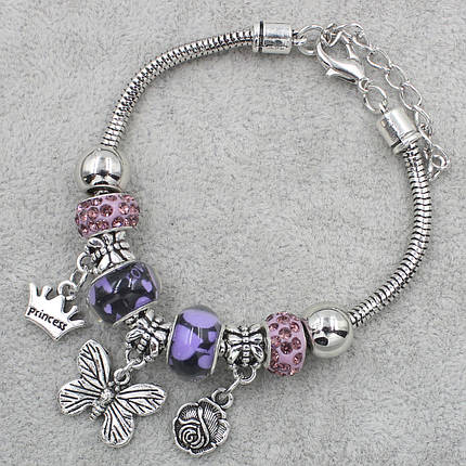 Pandora браслет серебристого цвета бабочка с фиолетовыми шармами 9 штук длина браслета 22 см ширина 3 мм, фото 2