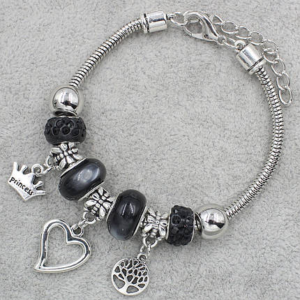 Pandora браслет серебристого цвета сердечко с черными шармами 9 штук длина браслета 22 см ширина 3 мм, фото 2