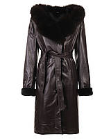 Кожаное женское пальто с мехом чернобурки зимнее (Арт. CB101) 44, Коричневый