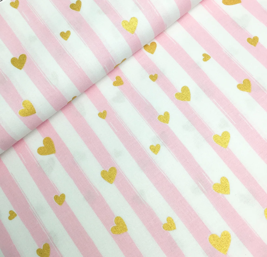 Польська бязь "серця золоті (гліттер) на рожевій смужці", фото 1
