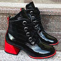 Ботильоны ботинки женские демисезонные осенние кожаные лаковые на толстом красном каблуке