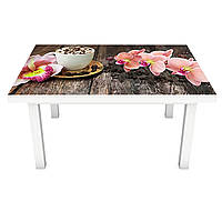 Наклейка на стол виниловая Орхидеи и Сладости 02 ПВХ пленка для мебели интерьерная 3D доски кофе 600*1200 мм