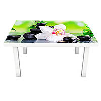 Наклейка на стол виниловая Орхидея и Бамбук 02 ПВХ пленка для мебели интерьерная 3D черные камни 600*1200 мм