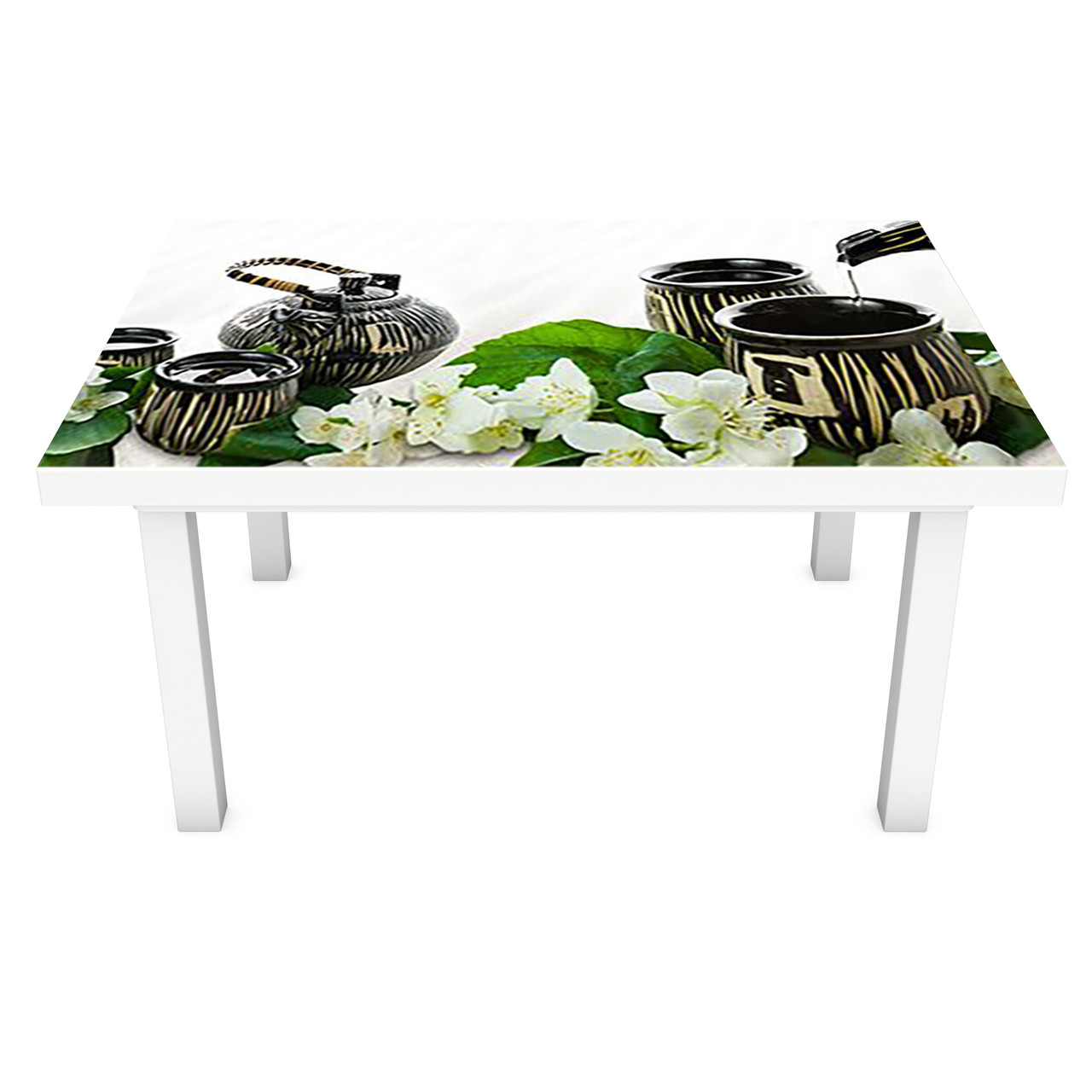 Наклейка на стіл вінілова Чай та Жасмин ПВХ плівка для меблів інтер'єрна 3D азія схід білий 600*1200 мм