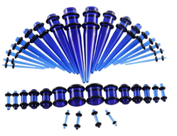 Розтяжки конусні плюс плаги для тунелів у вуха синій прозорий (18 пар — 36 шт.)