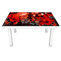 Интерьерная наклейка на стол Красные цветы и бабочки мотыльки (ПВХ пленка для мебели виниловая 3D) 600*1200 мм