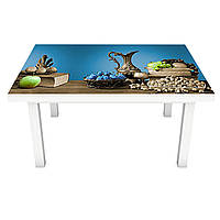 Интерьерная наклейка на стол Стальные Кувшины (ПВХ пленка для мебели виниловая 3D) натюрморт голубой 650*1200