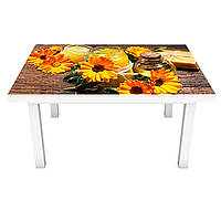 Наклейка на стол Календула (ПВХ интерьерная пленка для мебели) оранжевые цветы на деревянном фоне 600*1200 мм