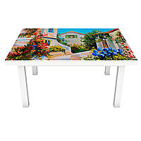 Наклейка на стол Домик у моря (ПВХ интерьерная пленка для мебели) архитектура лето Голубой 600*1200 мм