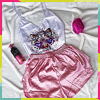 Женская пижама шелк Армани, шелковая пижама Армани S, Леопард с розовыми шортами