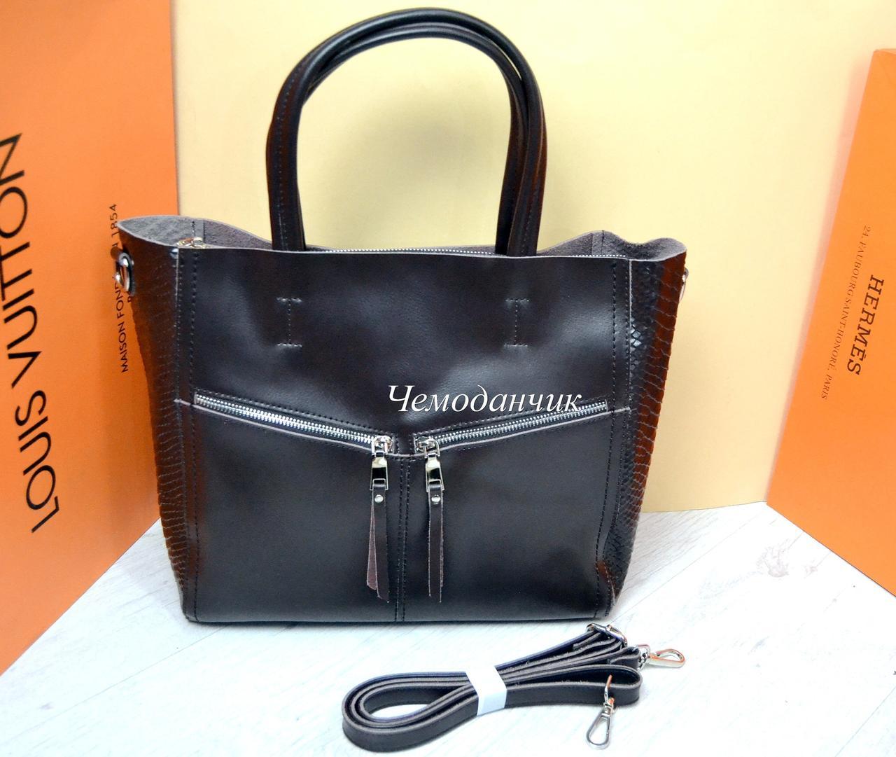 Женская кожаная сумка брендовая из натуральной кожи две змейки коричневая - фото 3 - id-p1240630188