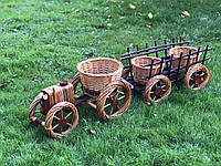 Квітник кашпо плетений із лози "трактор +візок". Декор для саду