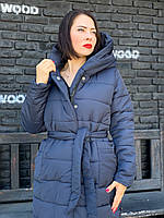 Пальто куртка ковдра зимова на блискавці + кнопки матовий арт. A032 темно-синій/синього кольору