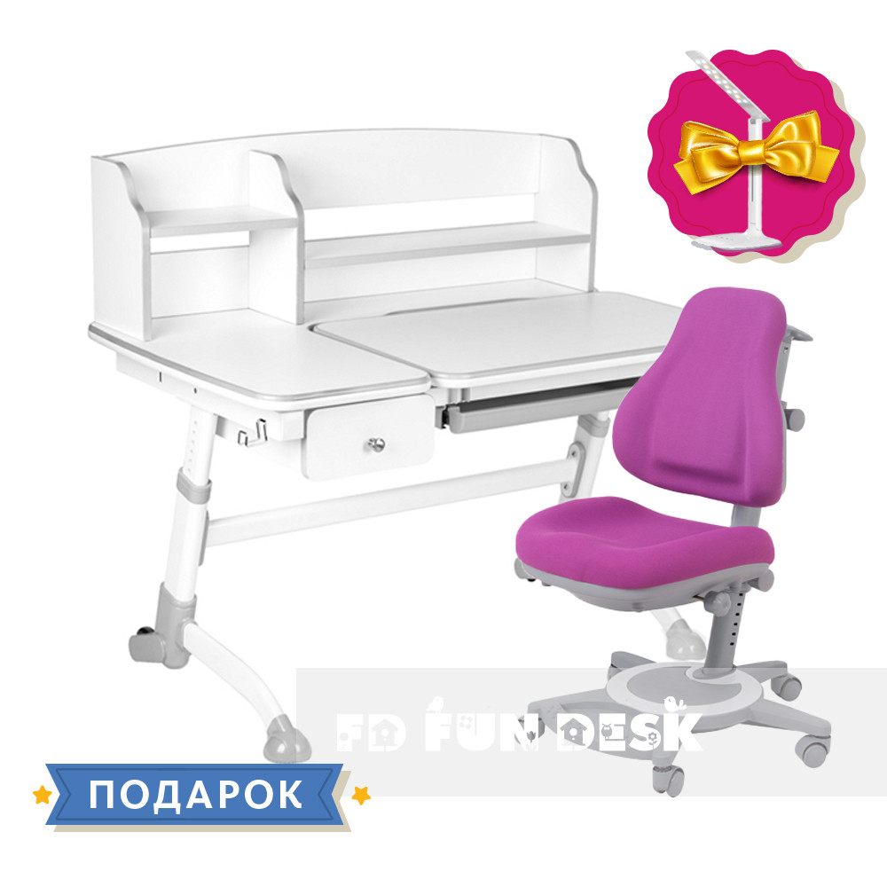 Універсальний комплект для дитини парта FunDesk Amare II Grey + ортопедичне крісло FunDesk Bravo Purple