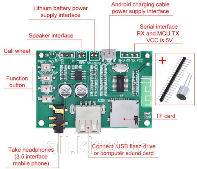 Модуль мультиплеєра Bluetooth 5.0 USB TF плеєр МП3/FLAC мікрофон підсилювач вихід Аукс живлення 5В